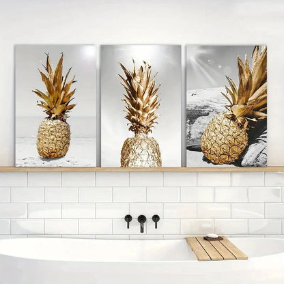 3pcs Pineapple Painting Black Wall Art Metal Print Ready to Hang Art