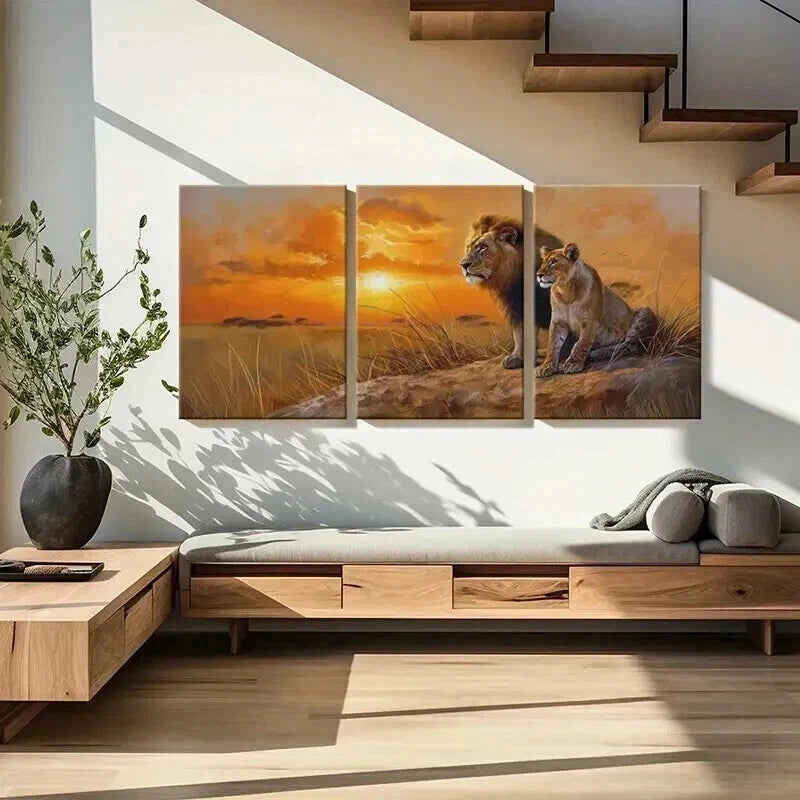 3pcs Lion Couple Sunset Grassland Majesty Metal Print Ready to Hang Art