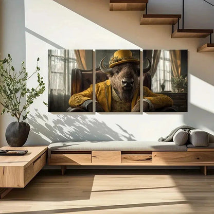 3pcs Elegant Buffalo in Golden Attire Animal Metal Print Ready to Hang Art