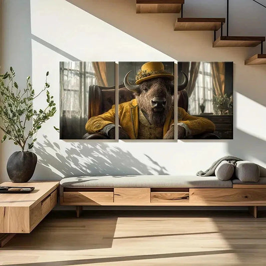 3pcs Elegant Buffalo in Golden Attire Animal Metal Print Ready to Hang Art