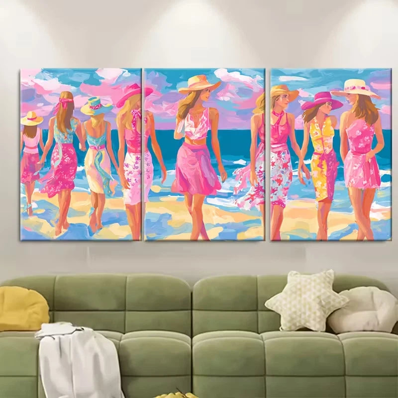 3pcs Pink Cowgirls on Beach Painting Metal Print Ready to Hang Art