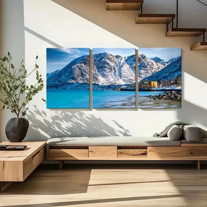 3pcs Snow Mountain Coast Hut Modern Wall Art Set Canvas Framed 40x60cm - High Quality Print 100% Australian Made Wall Canvas Ready to Hang