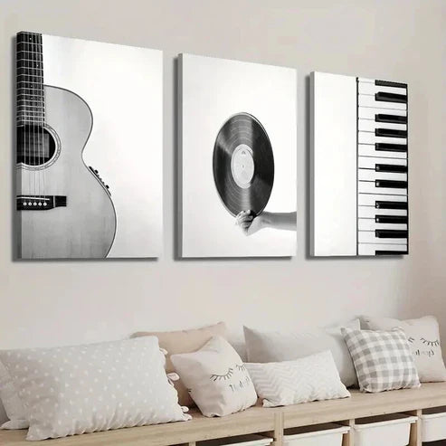 3pcs Black and White Guitar Vinyl Record & Piano Wall Art Set Canvas Unframed - High Quality Print 100% Australian Made Wall Canvas
