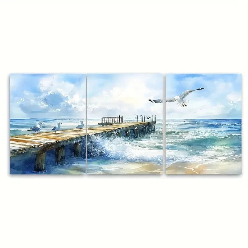 3pcs Beach Pier Ocean Seagull Waves Scene Wall Art Set Canvas Framed 60x90cm - High Quality Print 100% Australian Made Wall Canvas Ready to Hang