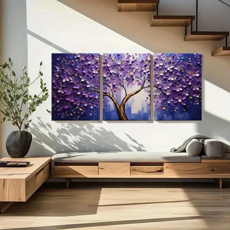 3pcs Abstract Purple Blossom Tree Painting Wall Art Set Canvas Framed 40x60cm - High Quality Print 100% Australian Made Wall Canvas Ready to Hang