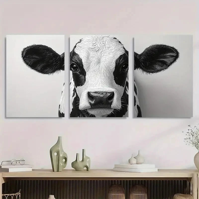 3pcs Black and White Cow Animal Themed Metal Print Ready to Hang Art