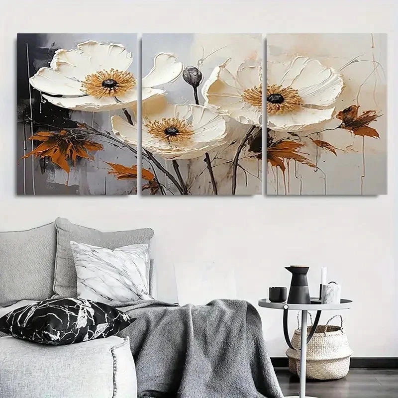3pcs White and Golden Poppy Flower Painting Metal Print Ready to Hang Art