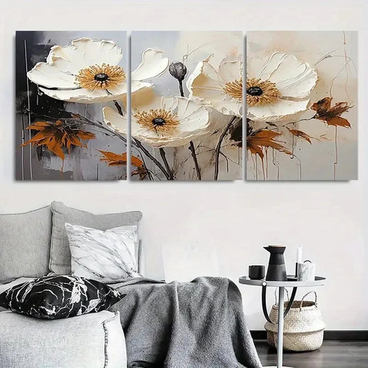 3pcs White and Golden Poppy Flower Painting Metal Print Ready to Hang Art