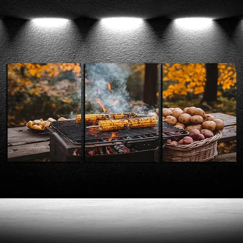3pcs Outdoor Barbecue Grilled Corns Metal Print Ready to Hang Art