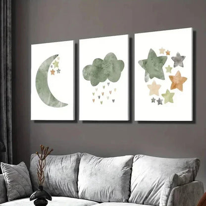3pcs Light Green Illustration Stars and Moon Wall Art Set Canvas Unframed - High Quality Print 100% Australian Made Wall Canvas