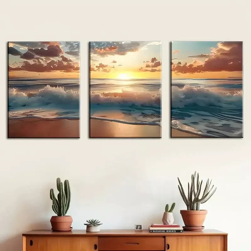 3pcs Beach Sunset Landscape Wall Art Set Canvas Framed 50x70cm - High Quality Print 100% Australian Made Wall Canvas Ready to Hang - Bella Home Decor