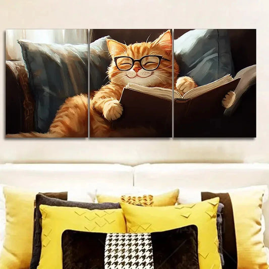 3pcs Charming Orange Cat Reading Metal Print Ready to Hang Art