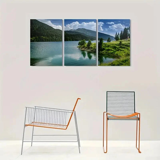 3pcs Serene Lake and Mountain Scene in a Tranquil Metal Print Ready to Hang Art