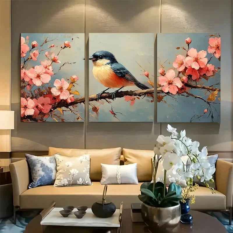 3pcs Cherry Blossom Sparrow Metal Print Ready to Hang Art