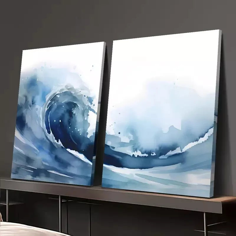 2pcs Blue Ocean Watercolor Ocean Art Canvas Framed 50x75cm - High Quality Print 100% Australian Made Wall Canvas Ready to Hang - Bella Home Decor