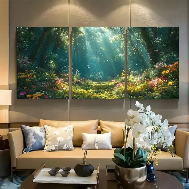 3pcs Lush Sunlit Forest with Vibrant Flowers Metal Print Ready to Hang Art