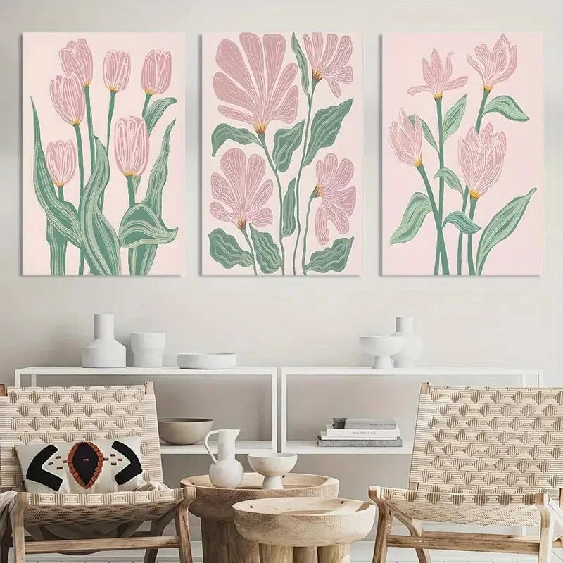 3pcs Boho Pink Tulips d Floral Botanical Painting Metal Print Ready to Hang Art