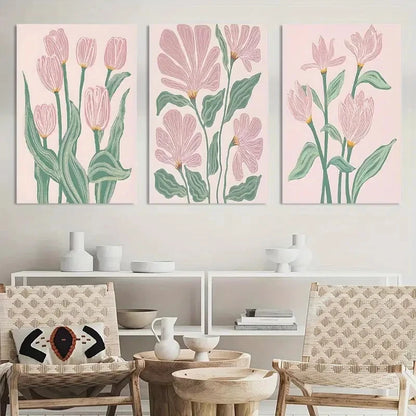3pcs Boho Pink Tulips d Floral Botanical Painting Metal Print Ready to Hang Art