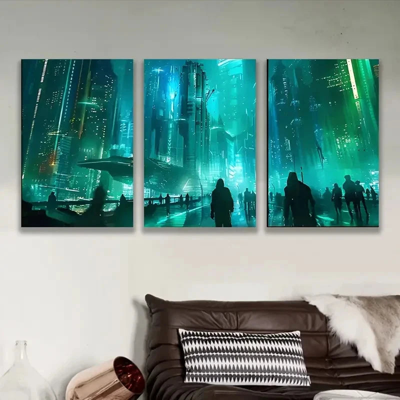 3pcs Neon Lit Cyberpunk Cityscape Wall Art Set Canvas Framed 50x70cm - High Quality Print 100% Australian Made Wall Canvas Ready to Hang