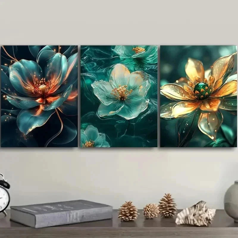 3pcs Flower Designs in Blue Green & Orange Wall Art Set Canvas Framed 40x60cm - High Quality Print 100% Australian Made Wall Canvas Ready to Hang