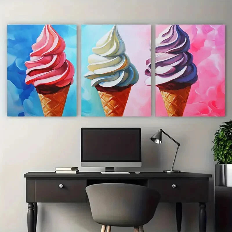 3pcs Vibrant Ice Cream Food Illustration Metal Print Ready to Hang Art