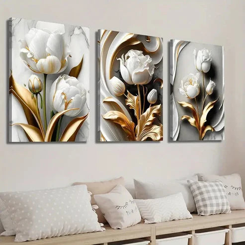 3pcs Golden & White Tulips with Marble Texture Wall Art Set Canvas Unframed - High Quality Print 100% Australian Made Wall Canvas