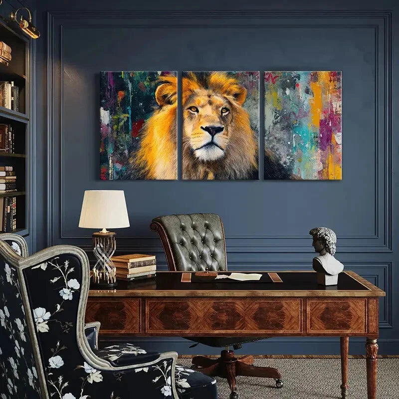 3pcs Lion Artwork Vibrant Colors Abstract Metal Print Ready to Hang Art