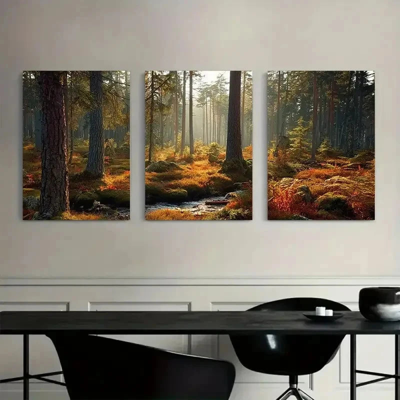 3pcs Moss-Covered Ground in a Forest Painting Metal Print Ready to Hang Art