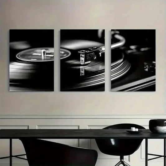 3pcs Vintage Vinyl Record Player Black and White Metal Print Ready to Hang Art