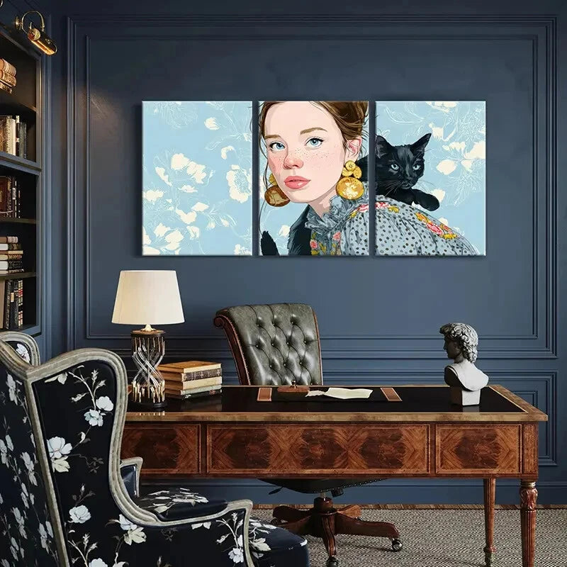 3pcs Woman Portrait Black Cat Floral Background Metal Print Ready to Hang Art