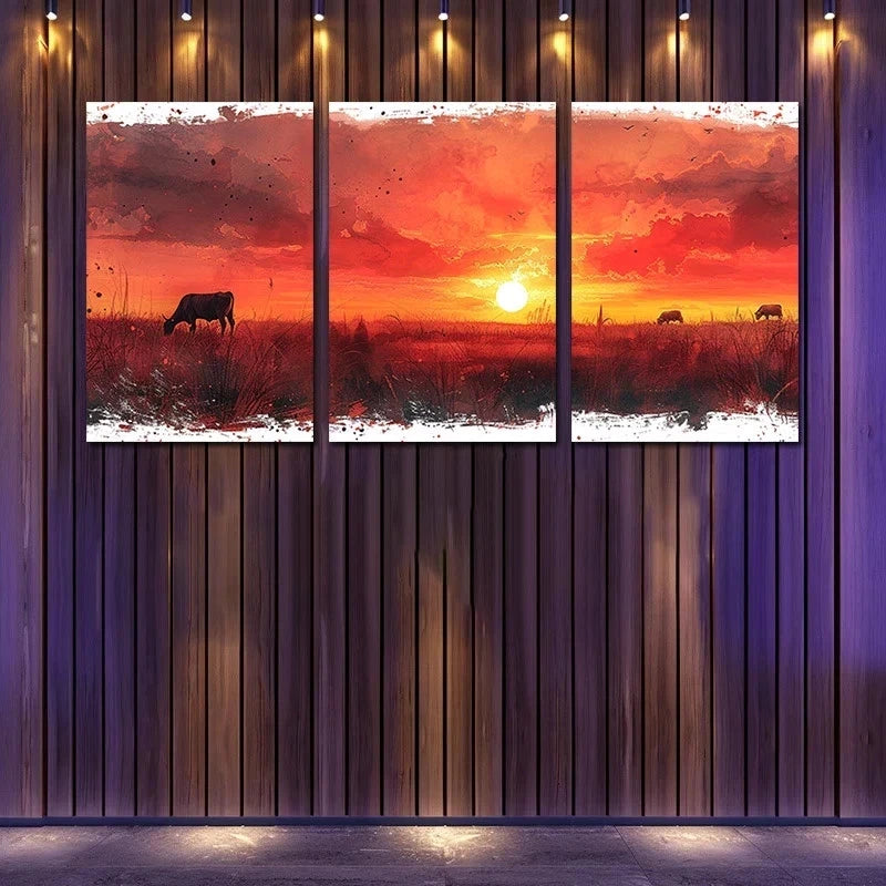 3pcs 3pcs Charming Sunset Cows & Sheep Metal Print Ready to Hang Art