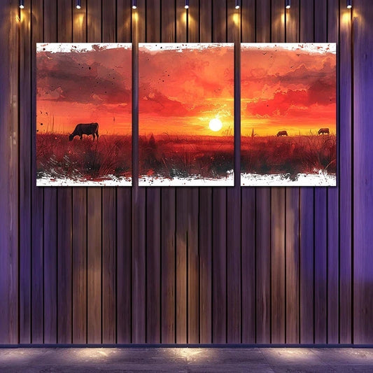 3pcs 3pcs Charming Sunset Cows & Sheep Metal Print Ready to Hang Art