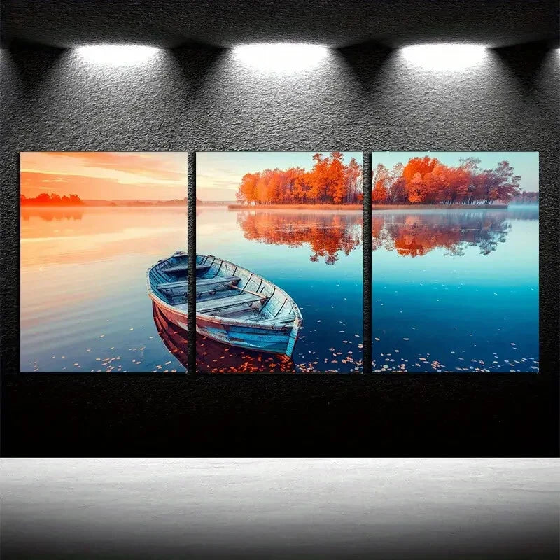 3pcs Water Reflections and Wooden Boat Metal Print Ready to Hang Art