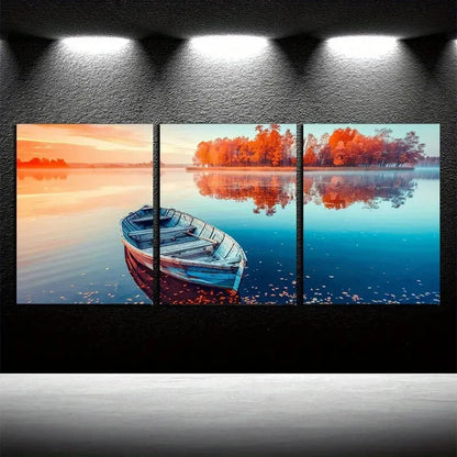 3pcs Water Reflections and Wooden Boat Metal Print Ready to Hang Art