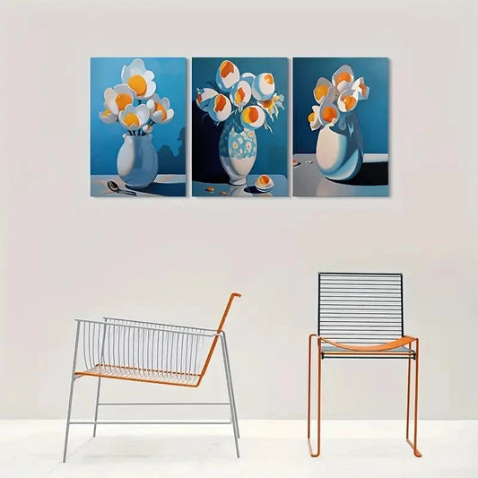 3pcs Broken Egg Flower Bouquet in Vase Wall Art Set Canvas Framed 40x60cm - High Quality Print 100% Australian Made Wall Canvas Ready to Hang
