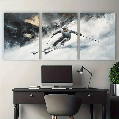 3pcs Skiing Sport Gift Skier on Snowy Mountain Wall Art Set Canvas Framed 60x90cm - High Quality Print 100% Australian Made Wall Canvas Ready to Hang