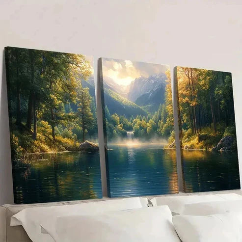 3pcs Nature Painting Print Lake Art EW Wall Art Set Canvas Unframed - High Quality Print 100% Australian Made Wall Canvas - Bella Home Decor