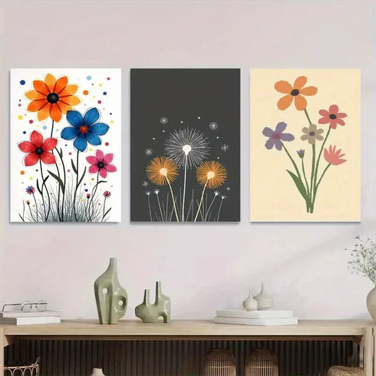3pcs Modern Minimalist Floral Colorful Flowers Wall Art Set Canvas Framed 50x70cm - High Quality Print 100% Australian Made Wall Canvas Ready to Hang