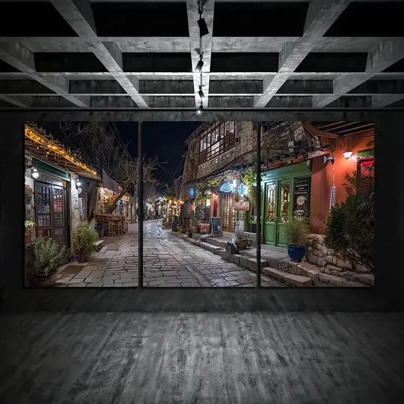 3pcs Water Town Night View Trees Metal Print Ready to Hang Art