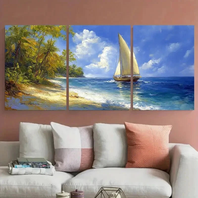 3pcs Boat Sailboat Ship Sailing on an Ocean Design Metal Print Ready to Hang Art