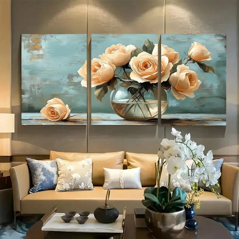 3pcs Beige Roses in Glass Vase Metal Print Ready to Hang Art