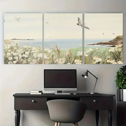 3pcs Neutral Tones Daisy Field at the Sea Coast Metal Print Ready to Hang Art