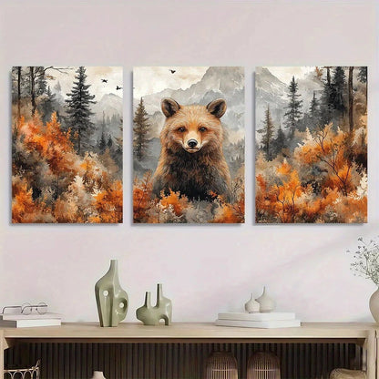3pcs Vibrant Bear Forest Flying Birds Mountain Metal Print Ready to Hang Art