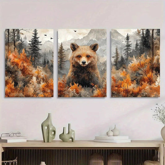 3pcs Vibrant Bear Forest Flying Birds Mountain Metal Print Ready to Hang Art