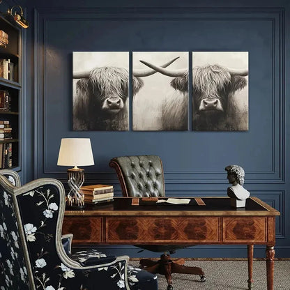 3pcs Highland Cattle Wildlife Painting Art Metal Print Ready to Hang Art