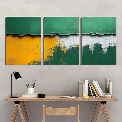 3pcs Green & White Abstract Minimalist Textured Metal Print Ready to Hang Art