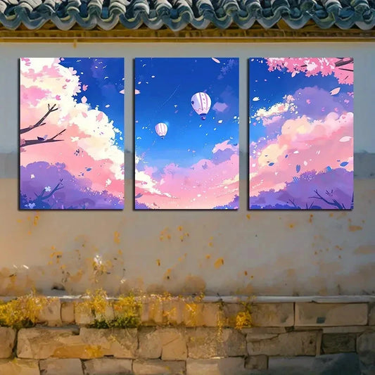 3pcs Hot Air Balloons Over Colorful Sky Design Metal Print Ready to Hang Art