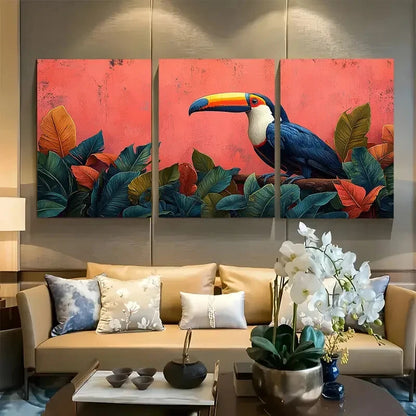 3pcs Vibrant Bird with Tropical Leaves Metal Print Ready to Hang Art