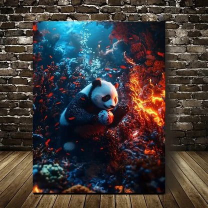 Panda Playing With Ball Underwater In Coral Painting 40x60cm Metal Print Ready to Hang
