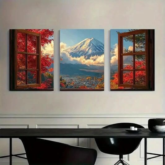3pcs Autumn Leaves Open Window Metal Print Ready to Hang Art